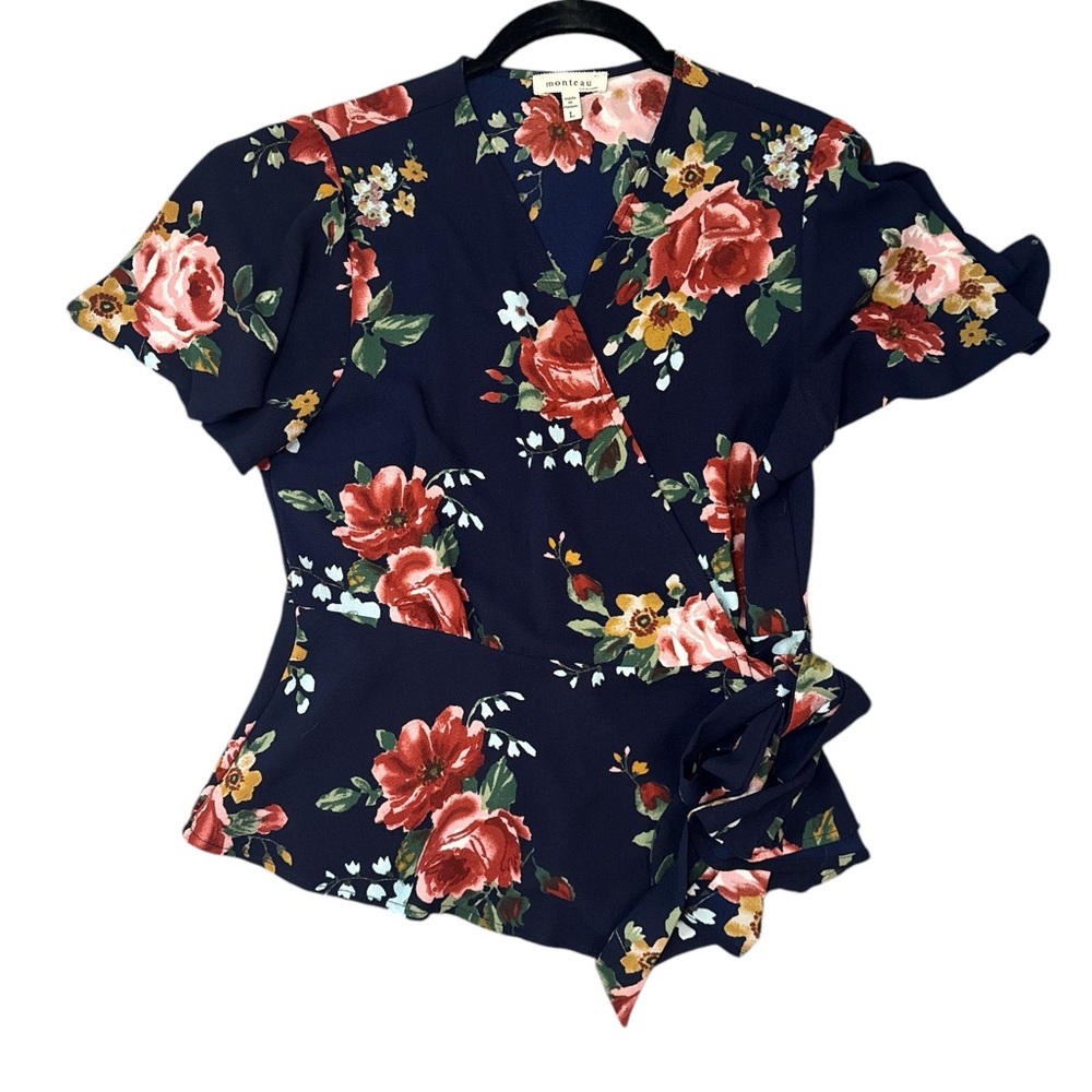 ☀️Monteau Navy Floral Wrap Top Size Large - Picture 3 of 3